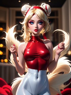 ((high resolution)), 1 blonde girl, 21 years old, Headband, perfect face, blue eyes, makeup, perfect lips, (with platinum blonde hair with red extensions, two tails, with a bun), standing, ((clothes pink and white interior), light and tights, beautifully decorated, perfect body, cinematic lighting,