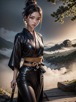 ((RAW photo), absurd, (absurdresolution)), masterpiece, best quality, (Extremely detailed 8k unity CG wallpaper), (best illustration), (best shadow), Realistic lighting, beautiful detailed glow, ((21 years old, the most beautiful young girl, beautiful, innocent face, Korean)), (standing looking at the viewer, resting her arms, leg slightly bent), (black hair, a big bun at the nape of her neck, long wooden pins), (perfect black pupil, defined, sharp), (((War kimono, protected with ninja armor, wood and leather, katana at the waist))), ((background: mountain with hinoki trees and fog, imperial Korean castle)), (((monochromatic background, she in color)))