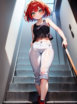 (RAW photo, absurd, absurdresolution, photography, clear image), ((21 years old)), cute freckled girl, pony, cute, (redhead, fringe with layers), (white low cut tank top, cropped pants, knees), (tight), walking down stairs, shiny steel railing, (she looking at camera, photo from below), daylight,