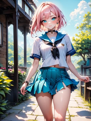 ((masterpiece, best quality, RAW photo, absurd, absurdresolution)), 21 years old, cute blonde, gorgeous, cyan eyes with perfect sharp pupil, metallic salmon pink hair, ((blue pleated short skirt, shirt, black thighs, leather choker, sailor style)), walking, hand raised, hand on waist, English garden posts, full view. high sensuality