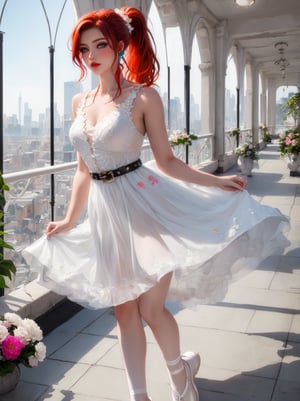 ((masterpiece, photography, RAW quality)), (redhead with a perfect clean face and makeup), (gray eyes, clear and perfect pupil), clarity of clean lines, (hair tied in a ponytail), ((white dress embroidered with flowers, low-cut, pastel colors, evilla belt), footwear: white ballet flats, jollas, glass building terrace, city