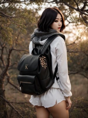 photorealistic, 1 girl, 21 years old, wearing K-Pop, black thighs, makeup, short bob, great quality, clear image, tree with dry branches in the background, RAW quality, backpack on the back, scarf,