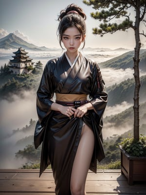 ((RAW photo), absurd, (absurdresolution)), masterpiece, best quality, (Extremely detailed 8k unity CG wallpaper), (best illustration), (best shadow), Realistic lighting, beautiful detailed glow, ((21 years old, the most beautiful young girl, beautiful, innocent face, Korean)), (standing looking at the viewer, resting her arms, leg slightly bent), (black hair, a big bun at the nape of her neck, long wooden pins), (perfect black pupil, defined, sharp), (((War kimono, protected with ninja armor, wood and leather, katana at the waist))), ((background: mountain with hinoki trees and fog, imperial Korean castle)), (((monochromatic background, she in color)))