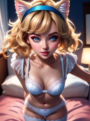 ((high resolution)), 1 blonde girl, 21 years old, headband of fluffy cat ears, perfect face, blue eyes, makeup, perfect lips, standing, ((pink and white underwear)), light and stockings, beautifully decorated, perfect body, bedroom, cinematic lighting,