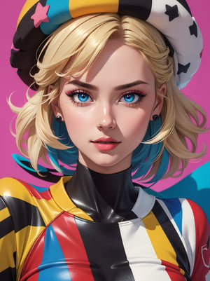 ((masterpiece, best quality, photorealism, RAW quality)), (BLONDE girl with a perfect face, blue eyes, sharp pupil), ((wearing a harlequin outfit composed of patches of different colors, tight to the body)), (add makeup with bright colors or black and white to highlight your eyes and look spectacular), harlequin hat decorated with bells, lots of gools dancing everywhere. (SHE distressed), Pink background.