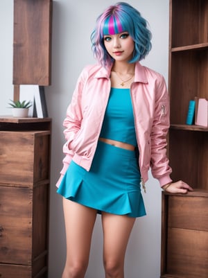 1girl, 22 years old, modeling miniskirt and top, black thighs, (beautiful girl, young executive), (beautiful face with makeup, clean, very clear eyes), (bob haircut, pink and blue hair), standing next to wooden box , red heels, jacket, office, (photo, great quality, clear and clean image, RAW quality).