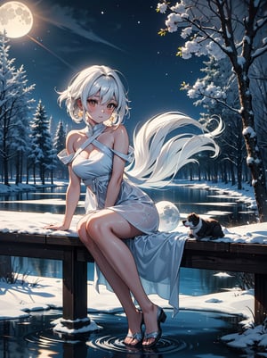 Cute girl sitting on the edge of a lake, reflection of her, simple white dress, clear snowy forest, white shine, moonlight luminous orbs, chihuhua dog sitting looking at her, clean stroke, 3D, full HD