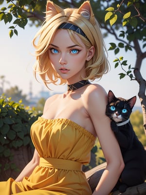 ((RAW photo), absurdities, (absurdresolution)), (front view), score_9, score_8_up, score_7_up, best quality, masterpiece, cute blonde, ((realistic eyes, sharp pupil)), beautiful face, headband with cat ears, strapless low-cut yellow dress, sitting on a tree branch, looking. «Zetaequis»