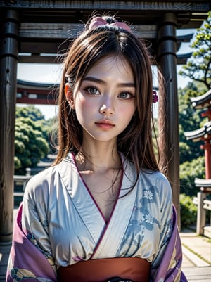 ((RAW photo), absurd, (absurdresolution)), masterpiece, best quality, (best illustration), (best shadow), Realistic lighting, beautiful detailed glow, ((beautiful 21 year old girl, beautiful face, Japanese)), (pearl grey oriental eyes, perfect pupil), (clean, washed face), (bright pink long hair), ((standing in front of a torii gate at a Japanese shrine), (((wearing a traditional kimono))), pastel colors, (close-up photo perspective)