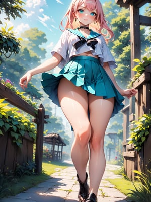 ((masterpiece, best quality, RAW photo, absurd, absurdresolution)), 21 years old, cute blonde, gorgeous, cyan eyes with perfect sharp pupil, metallic salmon pink hair, ((blue pleated short skirt, shirt, black thighs, leather choker, sailor style)), walking, hand raised, hand on waist, English garden posts, full view. high sensuality