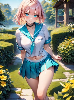 ((masterpiece, best quality, RAW photo, absurd, absurdresolution)), 21 years old, cute blonde, gorgeous, cyan eyes with perfect sharp pupil, metallic salmon pink hair, ((blue pleated short skirt, shirt, black thighs, leather choker, sailor style)), walking, hand raised, hand on waist, English garden posts, full view. high sensuality