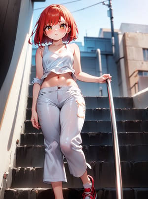 (RAW photo, absurd, absurdresolution, photography, clear image), ((21 years old)), cute freckled girl, pony, cute, (redhead, fringe with layers), (white low cut tank top, cropped pants, knees), (tight), walking down stairs, shiny steel railing, (she looking at camera, photo from below), daylight,