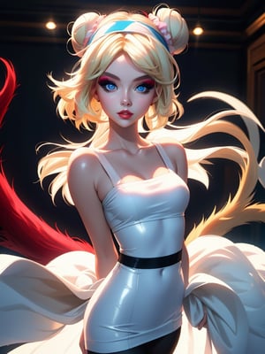 ((high resolution)), 1 blonde girl, 21 years old, Headband, perfect face, blue eyes, makeup, perfect lips, (with platinum blonde hair with red extensions, two tails, with a bun), standing, ((clothes pink and white interior), light and tights, beautifully decorated, perfect body, cinematic lighting,