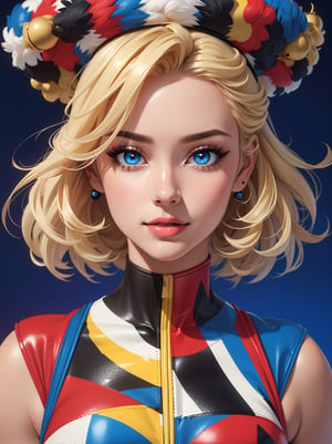 ((masterpiece, best quality, photorealism, RAW quality)), (BLONDE girl with a perfect face, blue eyes, sharp pupil), ((wearing a harlequin outfit composed of patches of different colors, tight to the body)), (add makeup with bright colors or black and white to highlight your eyes and look spectacular), harlequin hat decorated with bells, lots of gools dancing everywhere. (SHE distressed), Pink background.