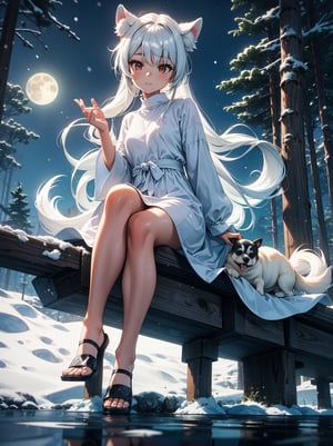 Cute girl sitting on the edge of a lake, reflection of her, simple white dress, clear snowy forest, white shine, moonlight luminous orbs, chihuhua dog sitting looking at her, clean stroke, 3D, full HD