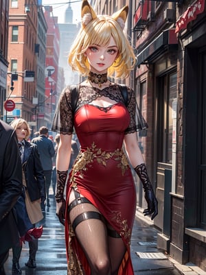 young woman, 21 years old, (beautiful realistic face), (ash-yellow hair with 1 tail), (wearing an elegant 1920s dress, red, gold threads, embroidery, tulle, fishnets, long black gloves), walking in Boston 1850. quality RAW