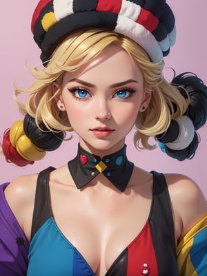 ((masterpiece, best quality, photorealism, RAW quality)), (BLONDE girl with a perfect face, blue eyes, sharp pupil), ((wearing a harlequin outfit composed of patches of different colors, tight to the body)), (add makeup with bright colors or black and white to highlight your eyes and look spectacular), harlequin hat decorated with bells, lots of gools dancing everywhere. (SHE distressed), Pink background.