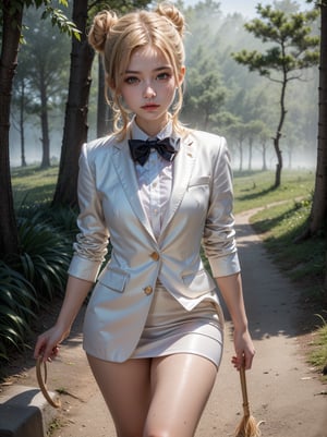 ((RAW photo), absurd, (absurdresolution)), masterpiece, best quality, (Extremely detailed 8k unity CG wallpaper), (best illustration), (best shadow), Realistic lighting, beautiful detailed glow, ((21 years old, the most beautiful young girl, beautiful, innocent face)), (standing looking at viewer, leg slightly bent), (luminous golden blonde hair, two big buns, long pigtails), (perfect blue pupil, defined, sharp), (((lord luna, very feminine formal suit, straw color))), ((background: hinoki trees and fog)), (her: dynamic pose of transformation to lord luna)