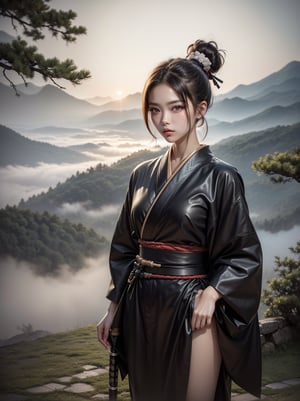 ((RAW photo), absurd, (absurdresolution)), masterpiece, best quality, (Extremely detailed 8k unity CG wallpaper), (best illustration), (best shadow), Realistic lighting, beautiful detailed glow, ((21 years old, the most beautiful young girl, beautiful, innocent face, Korean)), (standing looking at the viewer, resting her arms, leg slightly bent), (black hair, a big bun at the nape of her neck, long wooden pins), (perfect black pupil, defined, sharp), (((War kimono, protected with ninja armor, wood and leather, katana at the waist))), ((background: mountain with hinoki trees and fog, imperial Korean castle)), (((monochromatic background, she in color)))