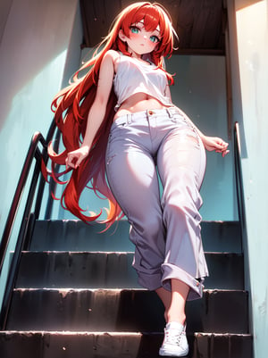 (RAW photo, absurd, absurdresolution, photography, clear image), ((21 years old)), cute freckled girl, pony, cute, (redhead, fringe with layers), (white low cut tank top, cropped pants, knees), (tight), walking down stairs, shiny steel railing, (she looking at camera, photo from below), daylight,