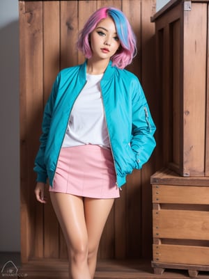 1girl, 22 years old, modeling miniskirt and top, black thighs, (beautiful girl, young executive), (beautiful face with makeup, clean, very clear eyes), (bob haircut, pink and blue hair), standing next to wooden box , red heels, jacket, office, (photo, great quality, clear and clean image, RAW quality).