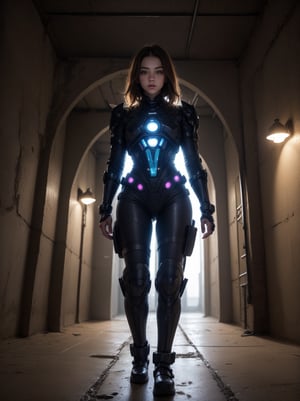 ((RAW photo), absurd, (absurdresolution)), (best illustration), (best shadow), Realistic lighting, beautiful detailed shine, young woman with a beautiful face, clean, looking spectacular, in an exoskeleton with a mechanical and kinetic frame equipped with joints that allow her to move similarly to terror in the deep, she walks through tunnels with transparent domes that allow you to see the bottom of the sea.