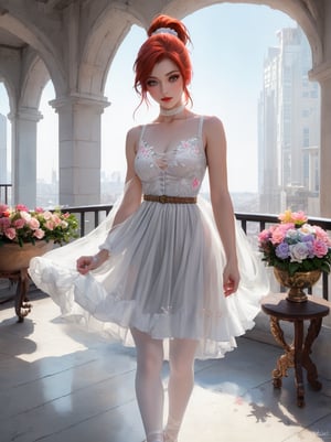 ((masterpiece, photography, RAW quality)), (redhead with a perfect clean face and makeup), (gray eyes, clear and perfect pupil), clarity of clean lines, (hair tied in a ponytail), ((white dress embroidered with flowers, low-cut, pastel colors, evilla belt), footwear: white ballet flats, jollas, glass building terrace, city