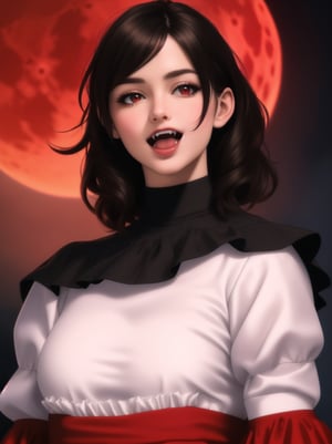 ((masterpiece, best quality, photorealism, RAW quality)), ((detailed)), 1 girl, mature woman, crimson sky, arms at sides, crimson red moon, vampire (red and black shirt: 1.1), dress long two-tone ruffles, soft breeze, open mouth, fangs,