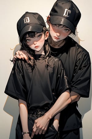 1boy and 1girll,the boy is hugging up the girl,the boy is wearing  a black baseball cap,11 years old,music boy,clever,1girl,11 years old,the girl is no cao,the boy is  13 years old,full body,face to face