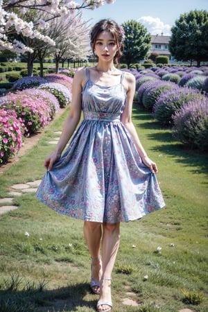 A woman wearing a floral dress and high heels stands in a lavender garden, posing while looking at the audience, 16K, detailed