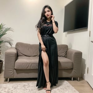 beautiful cute young attractive indian teenage girl, morden girl, 25 years old, cute,  Instagram model, long black_hair, colorful hair, warm, full body wearning casual home dress and playing around