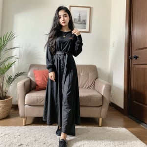 beautiful cute young attractive indian teenage girl, morden girl, 25 years old, cute,  Instagram model, long black_hair, colorful hair, warm, full body wearning  casual home dress
