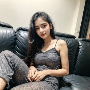 beautiful cute young attractive indian teenage girl, morden girl, 25 years old, cute,  Instagram model, long black_hair, colorful hair, warm, dacing, in home sit at  sofa, indian