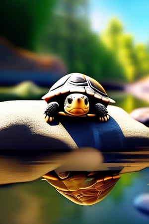 turtle calmly basking in the sun on a big rock beside a river, realistic, cute