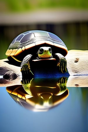 tutle calmly basking in the sun on a big rock beside a river