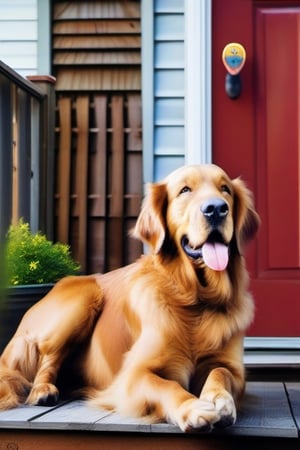 golden retreiver laying beside a rooster on a wooden porch, dog is panting