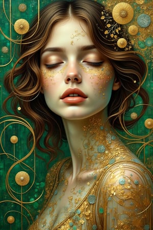 "Create a magnificent painting in the style of Gustav Klimt, 
green, gold, and  silver palette,
portraying a beautiful, sexy, brunette woman with her eyes closed, closed eyes, 
coordinated colors, Score_7_up, score_8_up, score_9, (best quality:1.4), 
demonstrating the aesthetic considerations of line, color, and form, and emphasize figurative art."