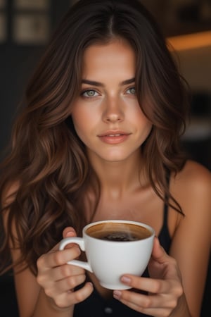 1girl, beautiful sexy brunette woman holding a steaming  cup of coffe