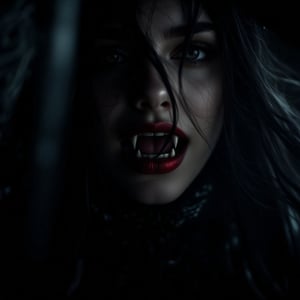 Closeup photographic portrait; FANGS, A beautiful (((vampire girl with showing her long fangs, mouth open))),  accentuated by her plump red lips, stands partially hidden in the shadows, her figure barely illuminated by the faint flicker of a distant light. Her long, dark hair cascades over her shoulders, blending with the surrounding darkness. Her eyes, wide with a mix of fear and defiance, catch the faint gleam of light, reflecting the tension in the air. She exudes fear upon all who behold her.

The shadows enhance the eerie atmosphere and heighten the danger she presents. The cold wind rustles her clothes, a chilling reminder that she is not alone in this place. Every faint sound, every shifting shadow adds to the sense of dread, amplifying the tension as if something sinister is waiting, just beyond the edge of the light., 