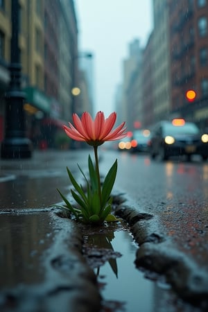 A striking photograph, the foreground is dominated by an intricate (((beautiful flower))) growing through a crack in a New York sidewalk, surrounded by gently falling ((rainy fog)) and interspersed with (water puddles) that reflect the light of the surroundings, capturing a sense of serene tranquility and irony of the flower set against the grungy urban setting. Advanced techniques such as filters or adjustments have been applied to give the scene a distinctive visual style that emphasizes the natural beauty of the environment and the vivid realism of the flower's details