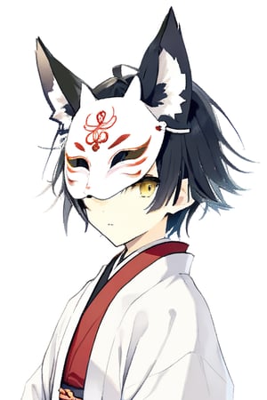 1boy,solo, looking at viewer, simple background,white background,

short hair,black hair,animal ears, closed mouth, upper body, male focus, 
japanese clothes, kimono, animal ear fluff, fox ears, scar,haori,wear a mask,kitsune_mask,
Virtual YouTuber