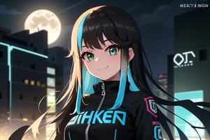 1girl, solo, long hair, bangs, green eyes, shirt, brown hair, closed mouth, blue hair, upper body, outdoors, two-tone hair, blue streaked hair, blue shirt, smiling, night, city, cyberpunk, male focus, earrings, fullmoon, cyberpunk, black jacket, motobike, round eyes