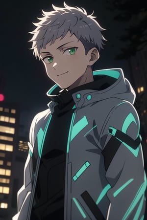 solo, looking at viewer, smile, short hair, bangs, purple hair, long sleeves, 1boy, closed mouth, green eyes, jacket, upper body, male focus, grey jacket, night, outdoors,mythradef
