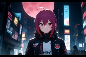 solo, looking at viewer, smile, bangs, shirt, purple hair, 1boy, hair between eyes, closed mouth, red eyes, jacket, upper body, ahoge, moon, male focus, multicolored hair, outdoors, virtual youtuber, black jacket, night, building, male focus, night,  bright eyes, cyberpunk, moonlight, mist, perfect biulding, future, blue moon, cyberpunk, led screens, lights