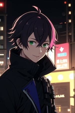 solo, looking at viewer, smile, spiked hair, bangs, purple hair, pink hair, long sleeves, 1boy, closed mouth, green eyes, jacket, upper body, teen focus, night background,blue jacket, cyberpunk jacket, cyberpunk,suishinshi