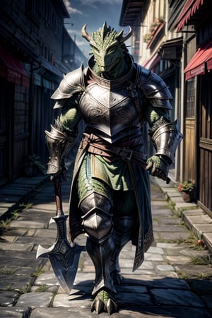 best quality,HQ,8K,masterpiece,heavily muscled, (green-scaled dragonborn), (intense green scaled), seven feet tall, (heavy armor, steel plate armor), (holding a two-handed battle axe), background medieval city street, walking, fantasy, grey cloak, green scales, daylight scene, whole body, sharp focus, studio photo, intricate details, highly detailed, realistic, cinematic lighting, perfect head, perfect hands
