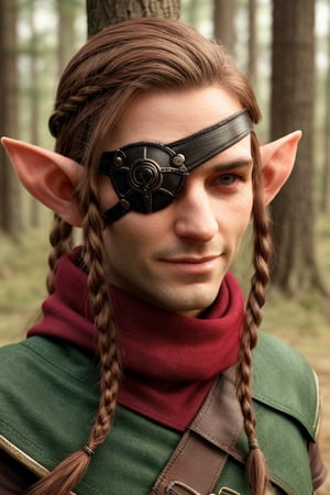score_7_up, Realistic full photo, ((full body)), slender body, male elf, elven features, 40 yers old male elf, ((facial stubble)), toned, perfect eyes, green eyes, sunkissed skin, ((eyepatch covering her right eye)), brown and red hair tied back with braids, discret smile, dynamic, wearing traveler outfit, illuminated fantasy forest, walking, eating a apple, highly detailed, pose, photorealistic, sharp focus, Fantasy, eyepatch, Masterpiece
