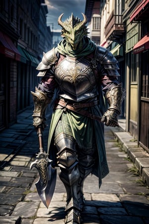 best quality,HQ,8K,masterpiece,heavily muscled, (green-scaled dragonborn), (intense green scaled), seven feet tall, (heavy armor, steel plate armor), (holding a ornate axe), background medieval city street, walking, fantasy, grey cloak, green scales, daylight scene, whole body, sharp focus, studio photo, intricate details, highly detailed, realistic, cinematic lighting, perfect head, perfect hands
