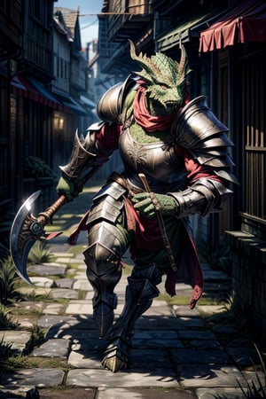 best quality,HQ,8K,masterpiece,heavily muscled, (green-scaled dragonborn), (intense green scaled), seven feet tall, (heavy armor, steel plate armor), (holding a two-handed battle axe), background medieval city street, running, fantasy, grey cloak, green scales, daylight scene, whole body, sharp focus, studio photo, intricate details, highly detailed, realistic, cinematic lighting, perfect head, perfect hands
