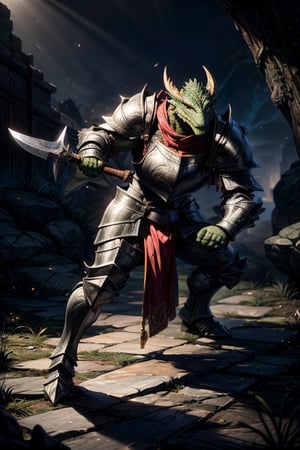 best quality,HQ,8K,masterpiece,heavily muscled, (green-scaled dragonborn), (intense green scaled), seven feet tall, (heavy armor, steel plate armor), (holding a two-handed battle axe), background fantasy castle exterior, sunlight, battle_stance, fighting, fantasy, grey cloak, green scales, daylight scene, whole body, sharp focus, studio photo, intricate details, highly detailed, realistic, cinematic lighting, perfect head, perfect hands

